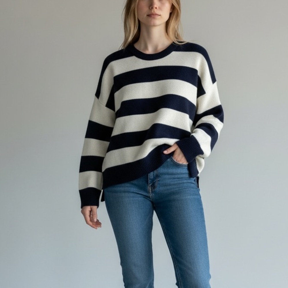 Jenni Kayne Navy Cream Stripe 100% Cashmere Crewneck Sweater